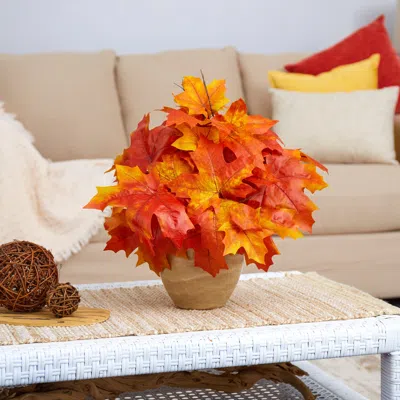 Homplanti Autumn Maple Leaf Artificial Plant In Decorative Planter 16" In Orange