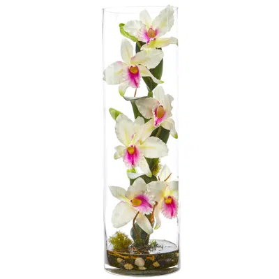 Homplanti Cattleya Orchid Artificial Arrangement In Cylinder Vase