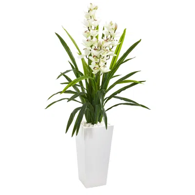 Homplanti Cymbidium Orchid Artificial Plant In White Tower Planter 4.5' In Green