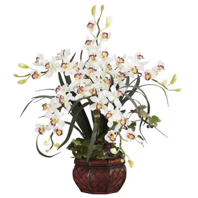 Homplanti Cymbidium W/decorative Vase Silk Arrangement In Blue