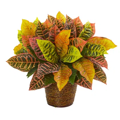 Homplanti Garden Croton Artificial Plant In Basket (real Touch) 17" In Brown