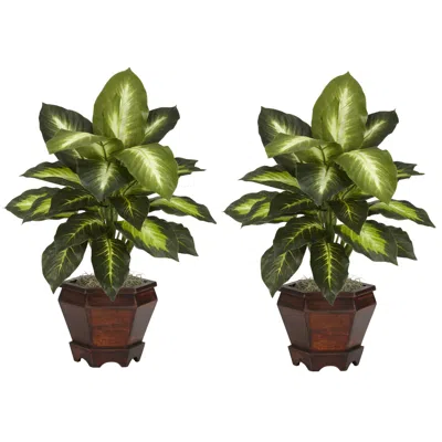 Homplanti Golden Dieffenbachia W/wood Vase Silk Plant Gold