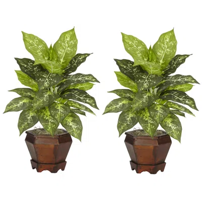 Homplanti Golden Dieffenbachia W/wood Vase Silk Plant Variegated In Green