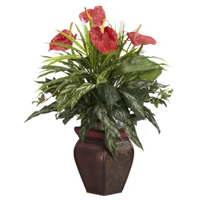 Homplanti Mixed Greens & Anthurium W/decorative Vase Silk Plant In Brown