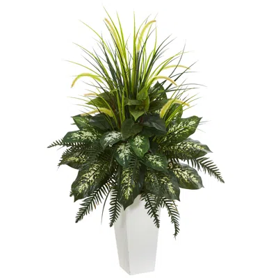 Homplanti Mixed River Fern And Dogtail Artificial Plant In White Tower Planter In Gold