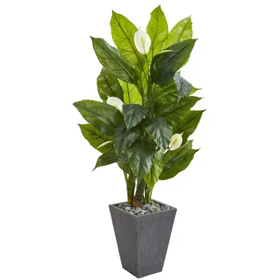 Homplanti Spathyfillum Artificial Plant In Slate Planter (real Touch) 63" In Green