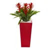 Homplanti Triple Bromeliad Artificial Plant In Red Planter