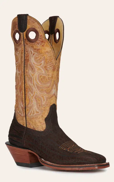 Hondo Men's Chocolate Nubuck Bullhide And Tan Wide Square Toe Cowboy Boots In Brown