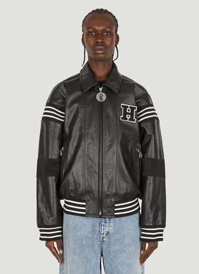 Honey Fucking Dijon Patch-detail Leather Bomber Jacket In Black