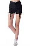 Honey Punch Lace Up Frayed Denim Shorts In Black In Black