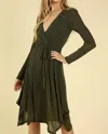Honey Punch Shimmering Long Sleeve Wrap Dress In Olive