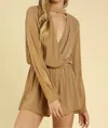 Honey Punch Shimmering Long Sleeve Wrap Romper In Light Brown In Brown