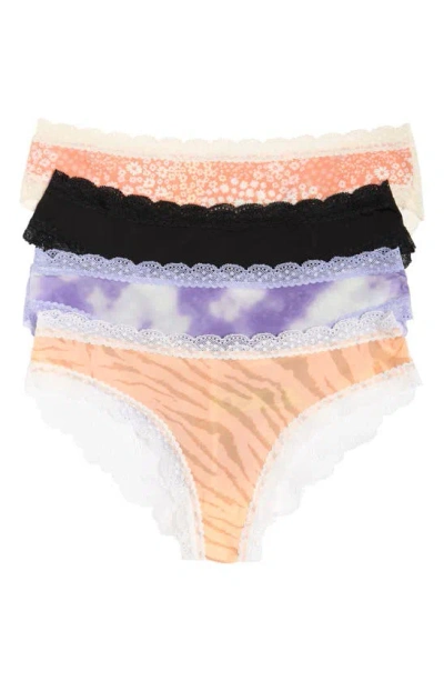 Honeydew Intimates 4-pack Lace Hipster Thongs In Orange/ Blue/ Black/ Coral