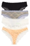 Honeydew Intimates 4-pack Lace Hipster Thongs In Orange/white/plaid