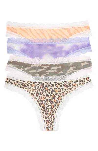 Honeydew Intimates Aiden 4-pack Assorted Lace Micro Thongs In Leopard/camo/tiger/cloud