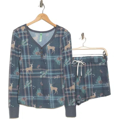 Honeydew Knit Long Sleeve Short Pajamas In Pine Deer Plaid