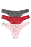 Honeydew Lady In Lace 3-pack Low Rise Thongs In Fairytale Kisses/drizzle/vixen