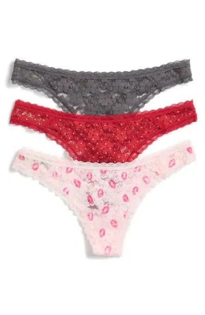 Honeydew Lady In Lace 3-pack Low Rise Thongs In Fairytale Kisses/drizzle/vixen