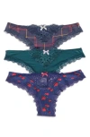 Honeydew Pack Of Three Willow Thong In Zealous/spruce/twilight Rose