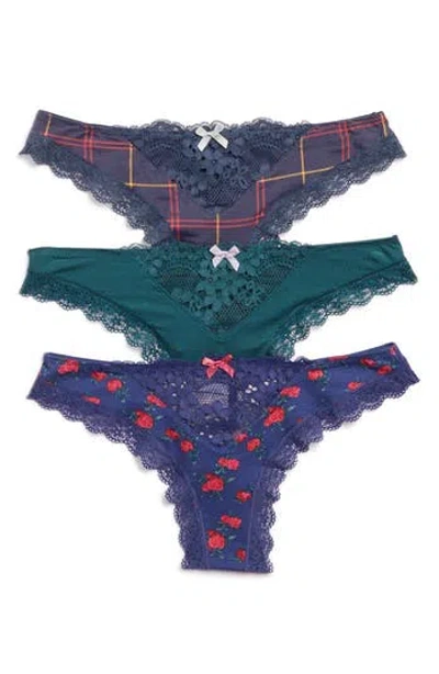 Honeydew Pack Of Three Willow Thong In Zealous/spruce/twilight Rose