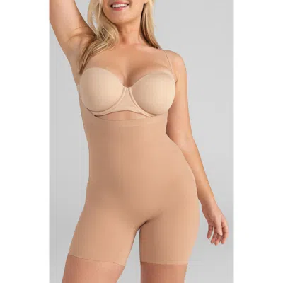 Honeylove Open Bust Mid Thigh Shaper Bodysuit In Sand