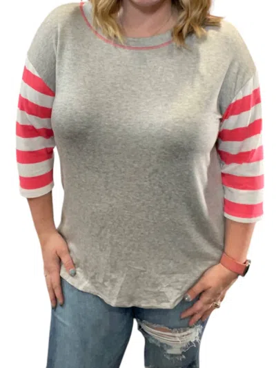 Honeyme 3/4 Sleeve Stripe Tee In Grey/pink In Gray