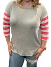 Honeyme 3/4 Sleeve Stripe Tee In Grey/pink In Multi
