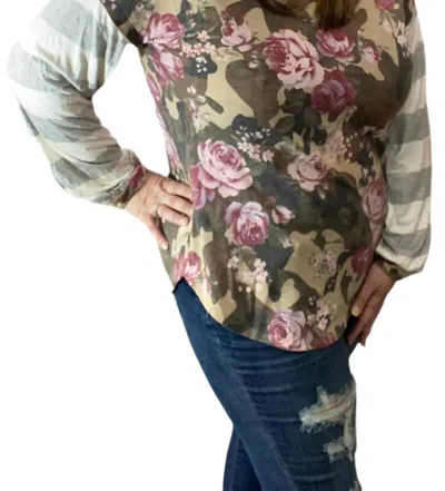 Honeyme Camo And Floral Puff Sleeve Top In Green In Multi
