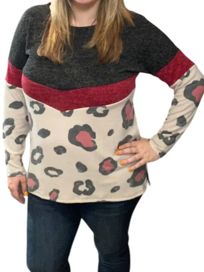 Honeyme Color Block Animal Top In Taupe/burgundy In Multi