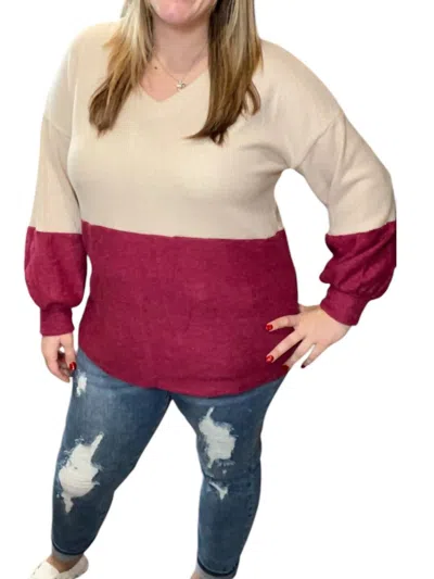 Honeyme Colorblock Fleecy Top In Taupe/burgundy In Multi
