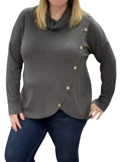 Honeyme Cowl Neck With Button Details Top In Charcoal In Gray