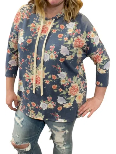 Honeyme Floral 3/4 Sleeve Hoodie In Navy In Blue