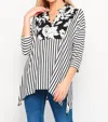 Honeyme Floral & Striped Gabby Top In Black White Stripes In Multi
