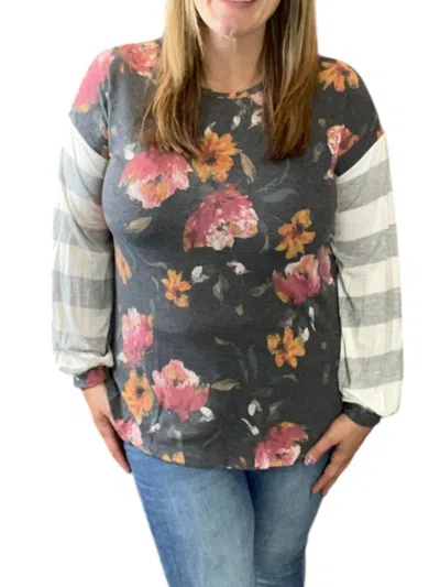 Honeyme Floral And Stripes Top In Gray In Grey