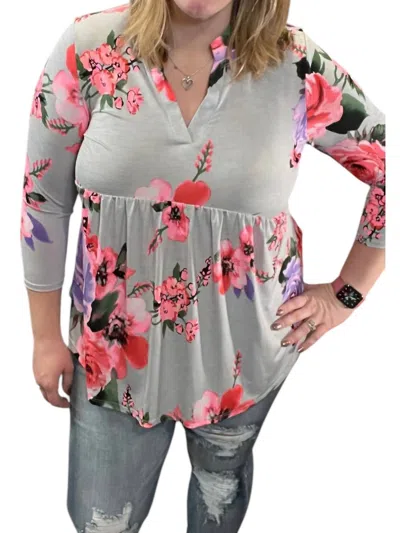Honeyme Floral Babydoll Gabby Tunic Top In Gey/purple In Multi