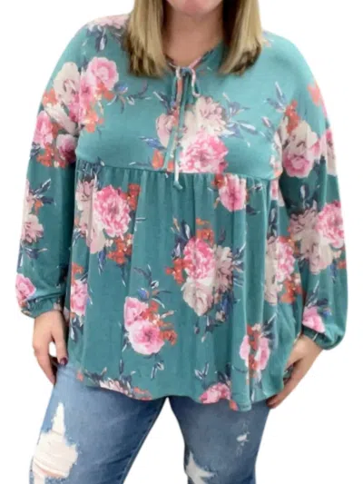 Honeyme Floral Babydoll Tunic Top In Teal/pink In Green