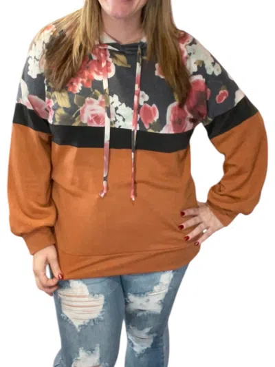 Honeyme Floral Color Block Hoodie In Orange In Multi