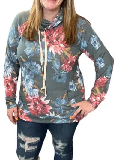 Honeyme Floral Cowlneck Hoodie In Gray In Multi