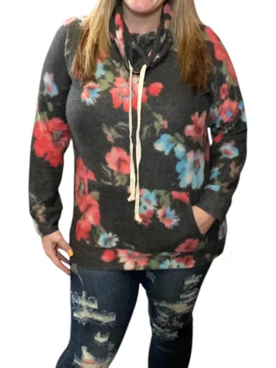 Honeyme Floral Cowlneck Sweater In Coral/black In Pink