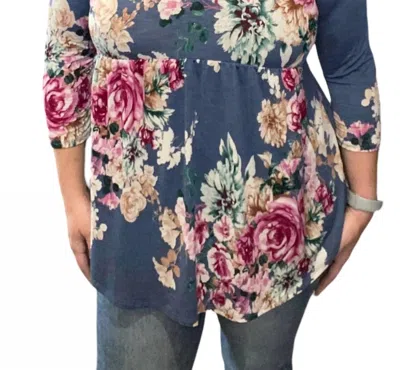 Honeyme Floral Gabby Babydoll Tunic Top In Denim In Multi