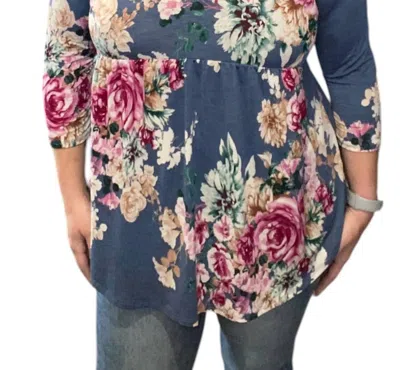 Honeyme Floral Gabby Babydoll Tunic Top In Denim In Multi