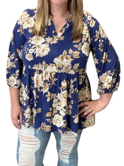 Honeyme Floral Gabby Blouse In Navy/taupe In Blue