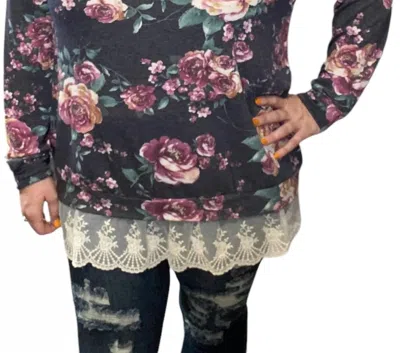 Honeyme Floral Lace Hem Tee In Charcoal In Black