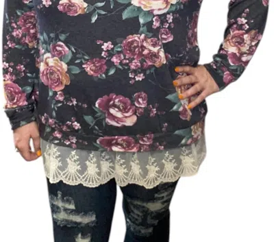 Honeyme Floral Lace Hem Tee In Charcoal In Pink