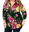 Honeyme Floral Mandarin Collar Gabby Tunic Top In Forest Green In Black