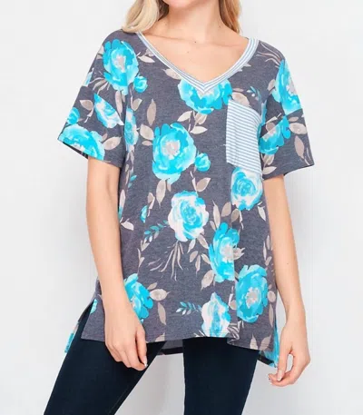 Honeyme Floral Pocket Top In Grey/blue Floral In Multi