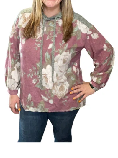Honeyme Floral Puff Sleeve Hoodie In Burgundy/grey In Purple