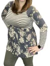 Honeyme Floral Stripe Babydoll Tunic Top In Grey In Grey