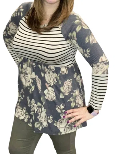Honeyme Floral Stripe Babydoll Tunic Top In Grey In Gray