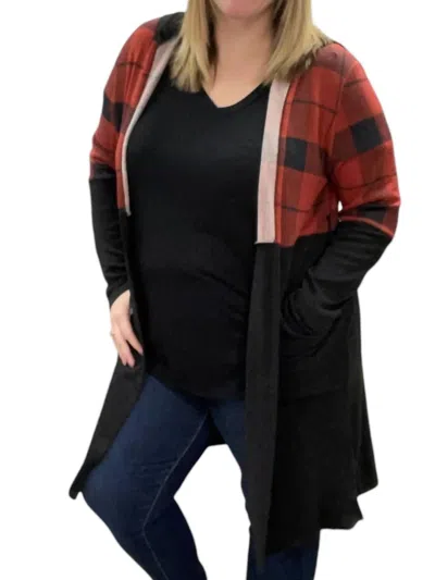 Honeyme Hooded Buffalo Plaid Cardigan In Red/black In Multi